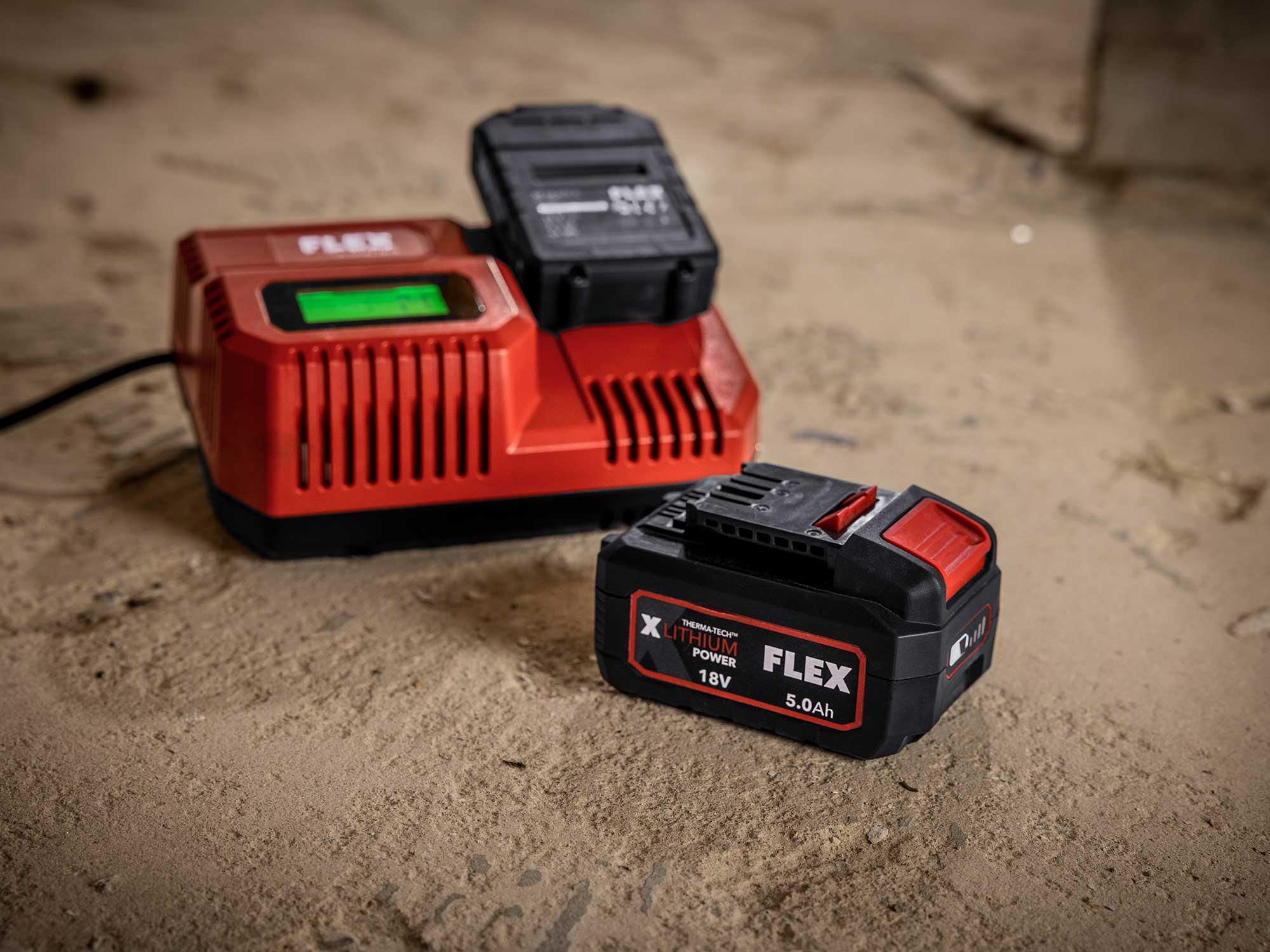 FLEX battery system quick charger on construction site