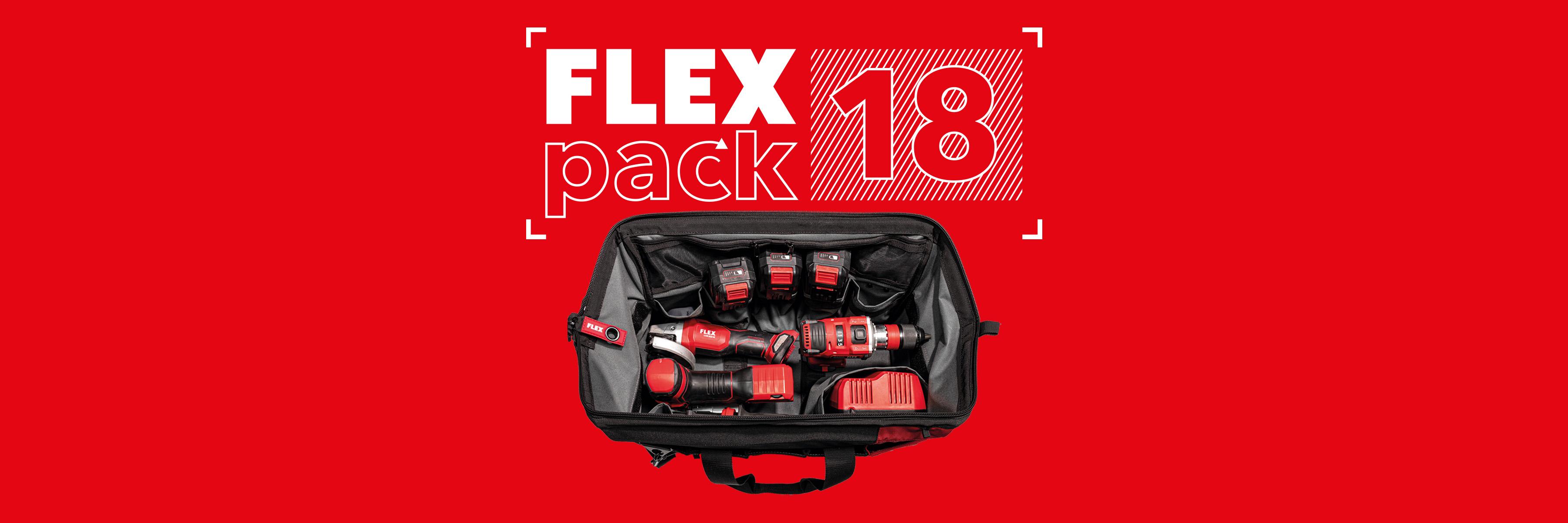 Akce FLEXPACK18: 3 akumulátorové stroje FLEX s nabíječkou a bateriemi v tašce