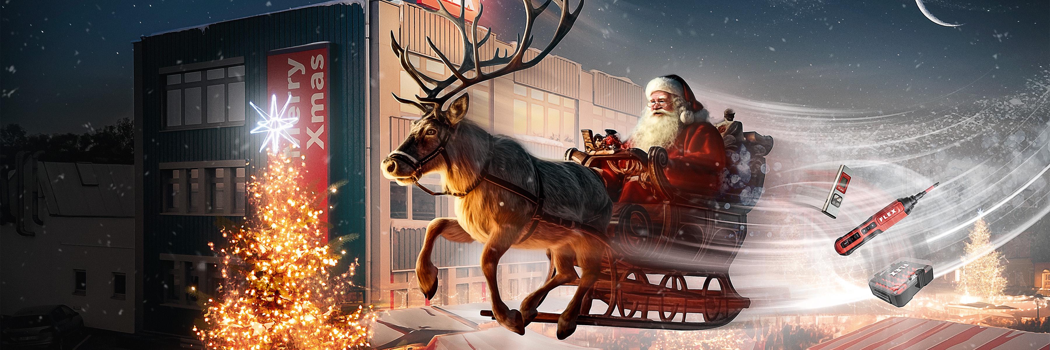 Father Christmas on his sleigh with reindeer and presents