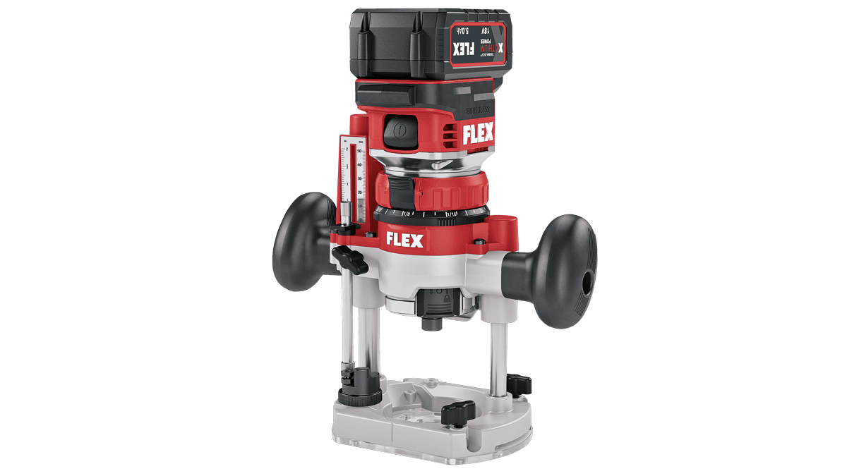 Akku-Oberfräse von FLEX mit 18V Lithium-Ionen-Akku, bürstenlosem Motor, zwei Griffen und Höhenverstellung.