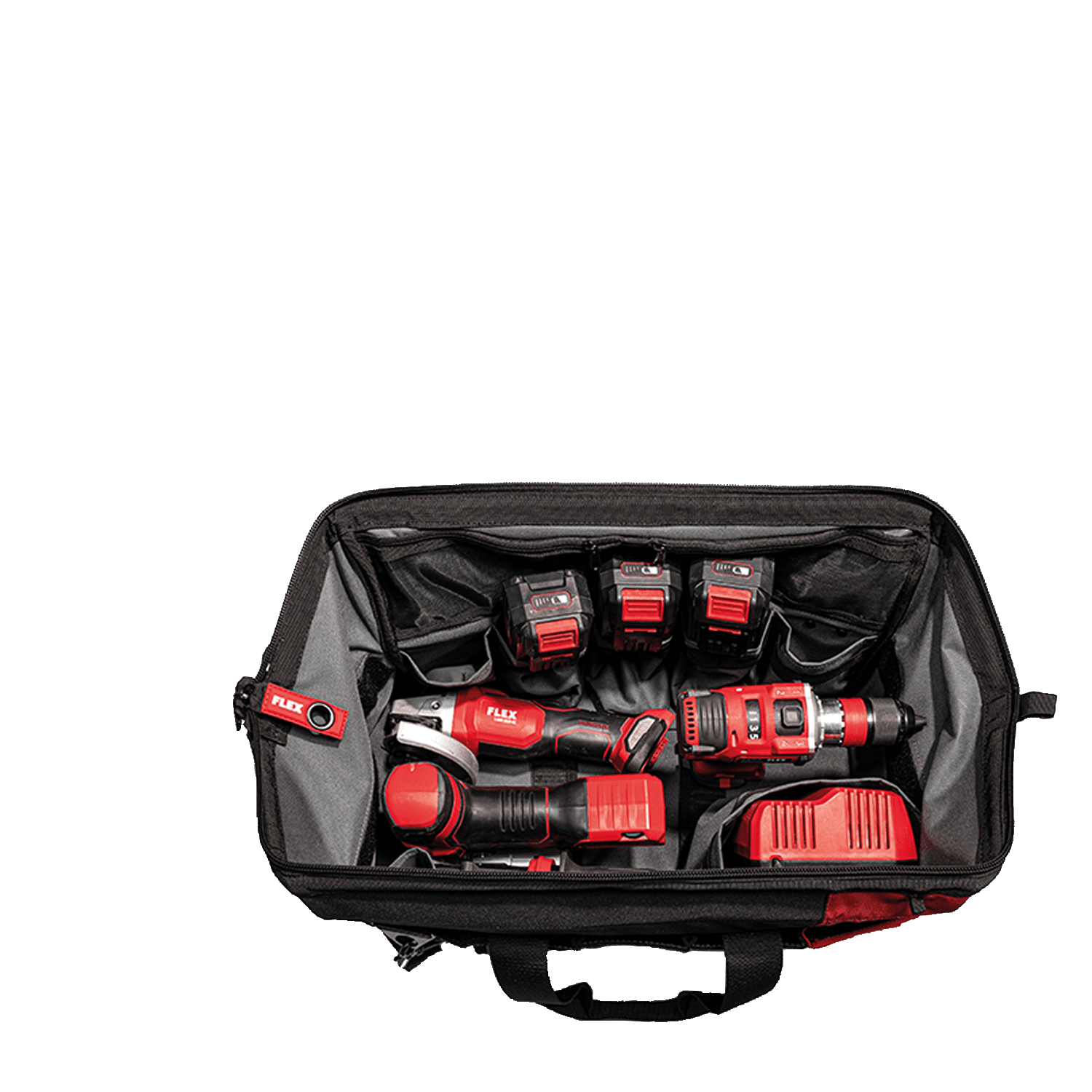 Öppen verktygsväska med FLEX-elverktyg och FLEXPACK-logotyp
