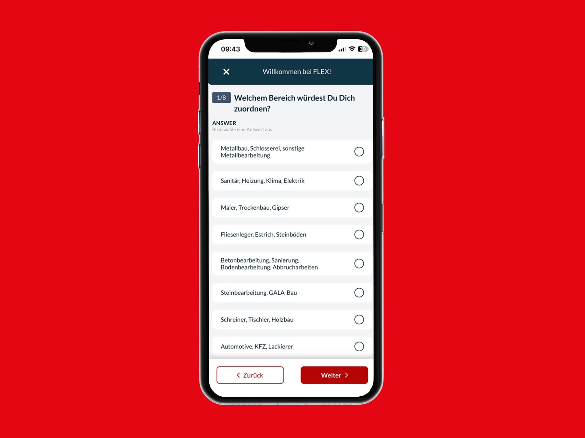 Smartphone auf rotem Hintergrund - mit Evolute für FLEX-Produktfeedback geöffnet